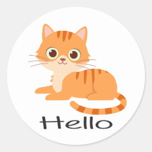 Sticker Rond Joli Chaton Orange Tigré Dessin Animé Bonjour Chat