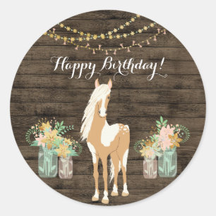 Sticker Rond Joli cheval et fleurs Bois rustique Anniversaire