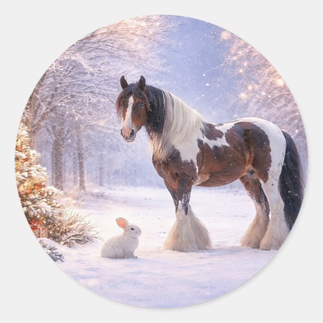 Sticker Rond Joli cheval et lapin de Noël (Devant)