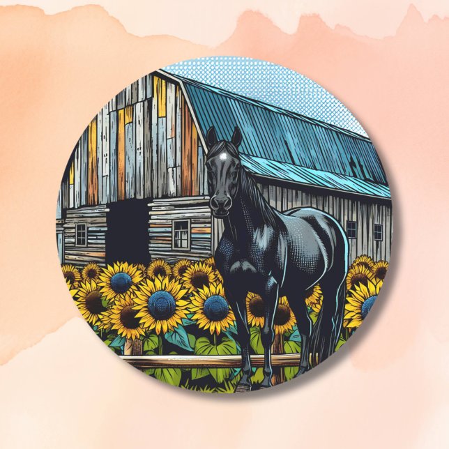 Sticker Rond Joli cheval noir et grange rustique avec tournesol (Créateur téléchargé)