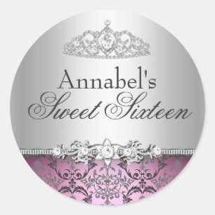 Sticker Rond Joli chevalet rose et argent Damask Sweet 16