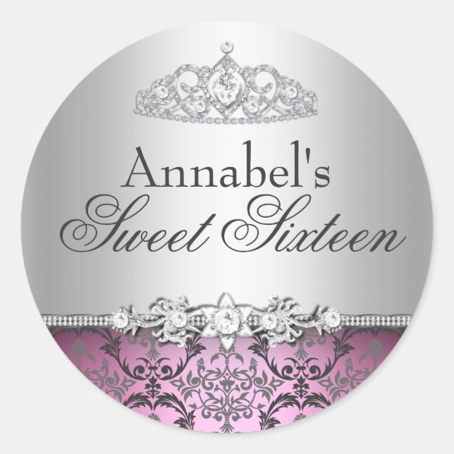 Sticker Rond Joli chevalet rose et argent Damask Sweet 16 (Devant)
