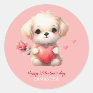 Sticker Rond Joli Chien Chien Chien Rouge Coeur RoseJoyeux Jour