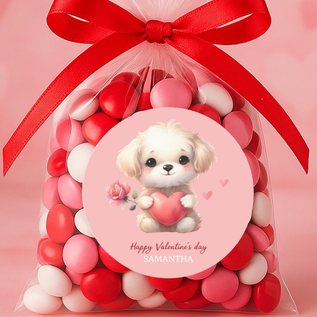 Sticker Rond Joli Chien Chien Chien Rouge Coeur RoseJoyeux Jour (Cute puppy Valentine's Day sticker)