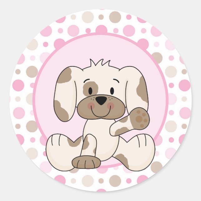 Sticker Rond Joli Chien Chien Rose Polka Baby shower (Devant)
