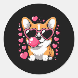 Sticker Rond Joli chien Corgi cœur Sungles Saint Valentin chiot