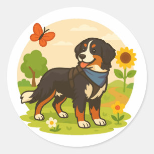 Sticker Rond Joli chien de montagne bernois avec tournesol et b