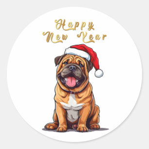 Sticker Rond Joli chien de Noël portant un chapeau de Père Noël