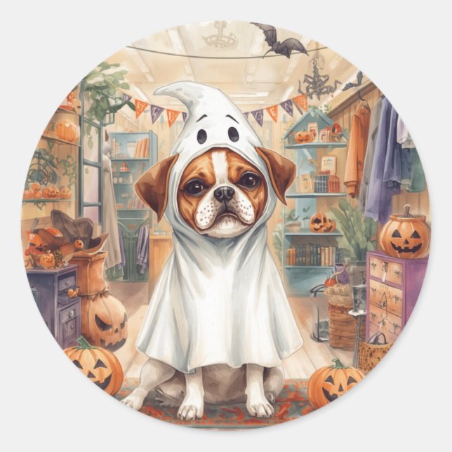 Sticker Rond Joli Chien Fantôme Joyeux Halloween  (Devant)