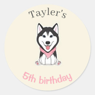 Sticker Rond Joli chien husky noir et blanc