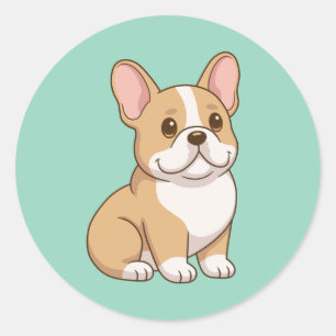 Sticker Rond Joli chiot Bouledogue Français sur fond vert