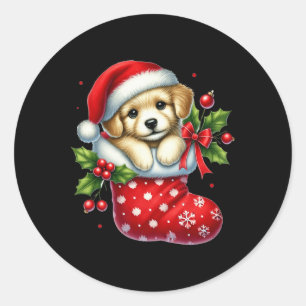 Sticker Rond Joli Chiot Dans Les Bas De Noël Pour Les Animaux A