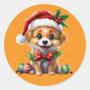 Sticker Rond Joli chiot de Noël avec le chapeau de Père Noël et