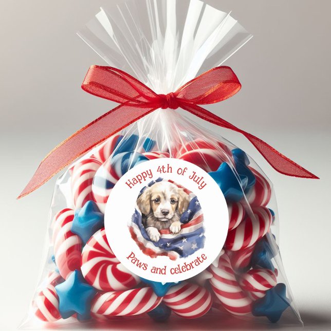 Sticker Rond Joli chiot drapeau américain rouge blanc bleu Joye (Cute puppy and American flag sticker.)