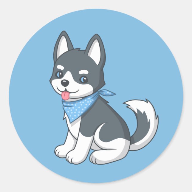 Sticker Rond Joli chiot husky sur fond bleu (Devant)