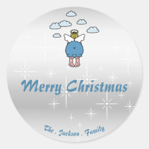 Sticker Rond Joli Chubby Angel Effet Argent Étoiles Drôle X Mas