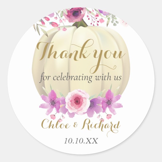 Sticker Rond Joli Citrouille Floral Baby shower rose Merci Cla (Devant)