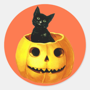 Sticker Rond Joli Citrouille Vintage & Chat noir pour Halloween