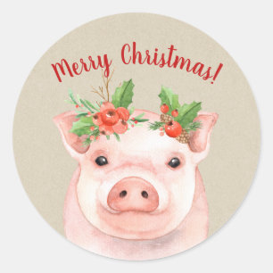 Sticker Rond Joli Cochon de Noël Rustique Fêtes de fin d'année