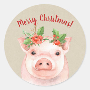 Sticker Rond Joli Cochon de Noël Rustique Pays vacances Personn