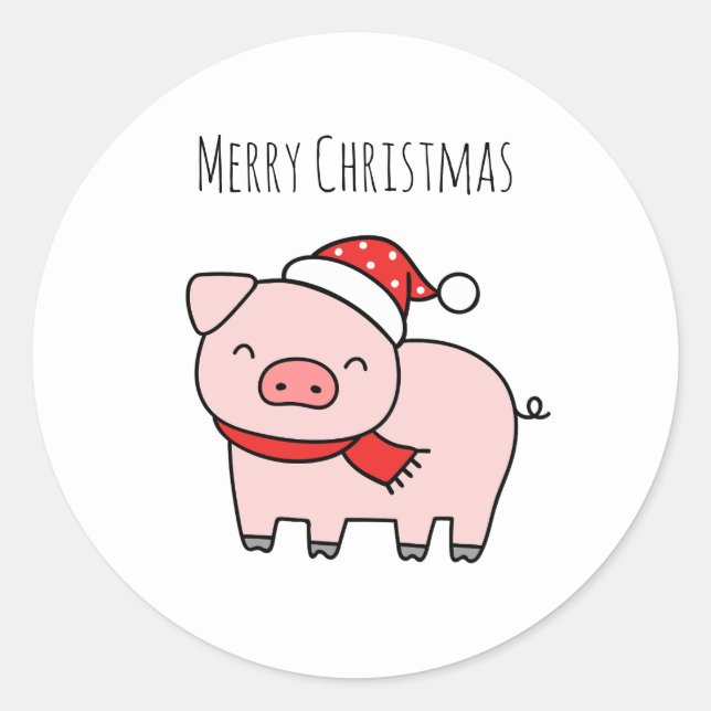 Sticker Rond Joli Cochon Rose Joyeux Noël Minimaliste (Devant)