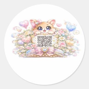 Sticker Rond Joli code QR personnalisé chat pastel rose floral 