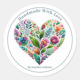 Sticker Rond Joli Coeur Floral "Fait à la main avec amour" Mark