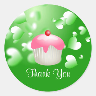 Sticker Rond Joli Coeur Vert Fête Cupcake Merci Sceau