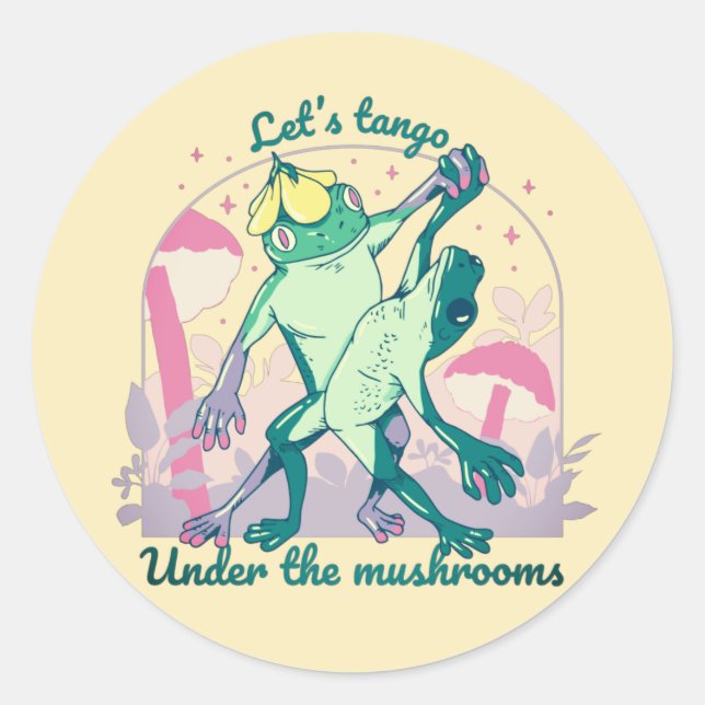 Sticker Rond Joli couple de grenouilles avec champignons Danse (Devant)
