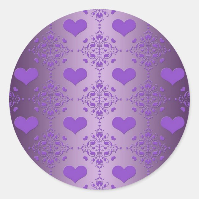 Sticker Rond Joli Damassé Cœurs Lavande Violet (Devant)