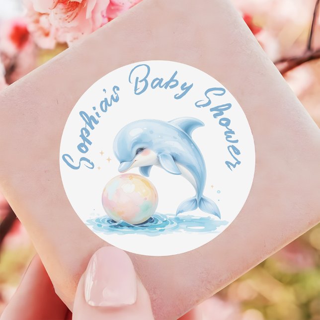 Sticker Rond Joli dauphin Dusty Baby shower bleu Favoriser (Créateur téléchargé)