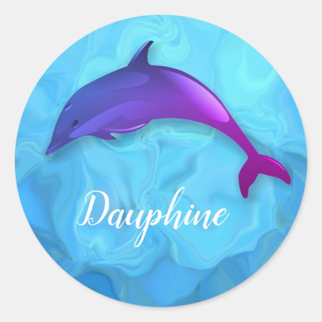 Sticker Rond Joli dauphin violet dans l'eau - ajouter le nom (Devant)