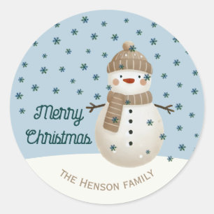 Sticker Rond Joli dessin de bonhomme de neige et flocons de nei