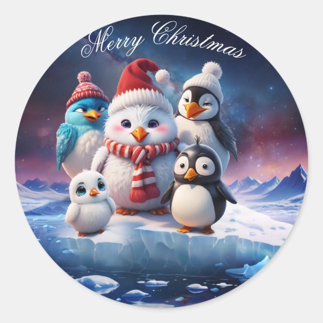 Sticker Rond Joli dessin de style pingouins amis. (Devant)