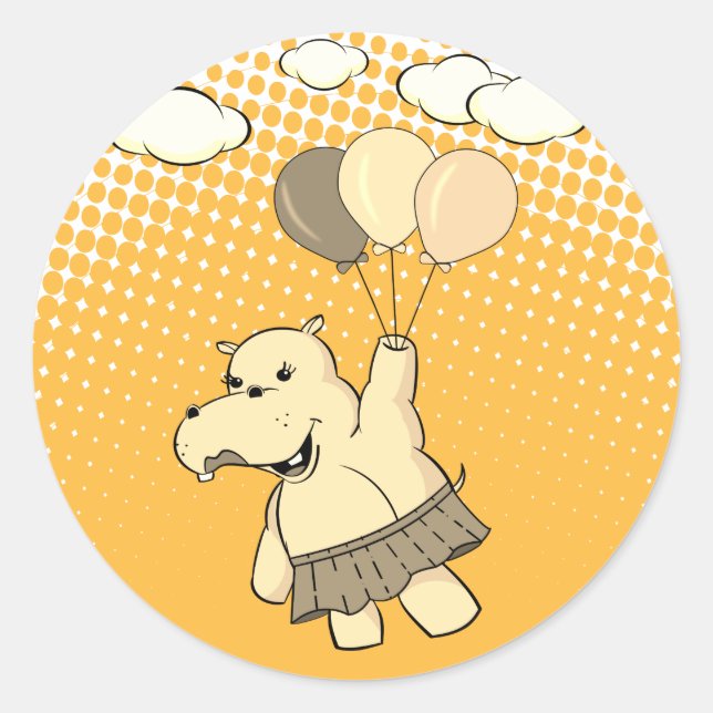 Sticker Rond Joli Dessin Hippo Volant Avec Ballons (Devant)