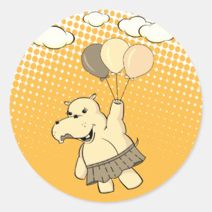 Sticker Rond Joli Dessin Hippo Volant Avec Ballons