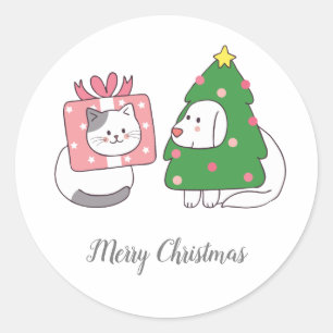 Sticker Rond Joli Dessin Sur Chat Et Chien De Noël