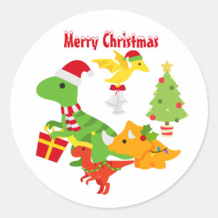 Sticker Rond Joli Dinosaure de Noël Enfants Blanc