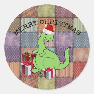 Sticker Rond Joli dinosaure de Noël Père Noël