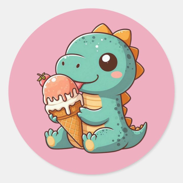 Sticker Rond Joli dinosaure qui mange de la glace (Devant)