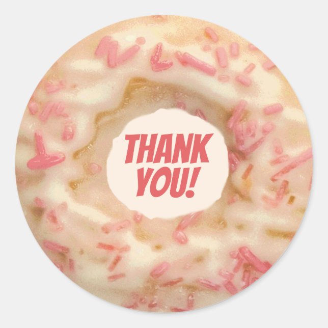 Sticker Rond Joli donut glacé avec des paillettes roses Merci (Devant)