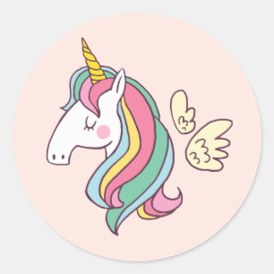 Sticker Rond Joli Doodle d'anniversaire Volant Rainbow Unicorn
