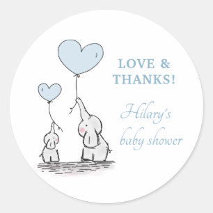 Sticker Rond Joli Eléphant Bleu Coeur Ballons Baby shower garço