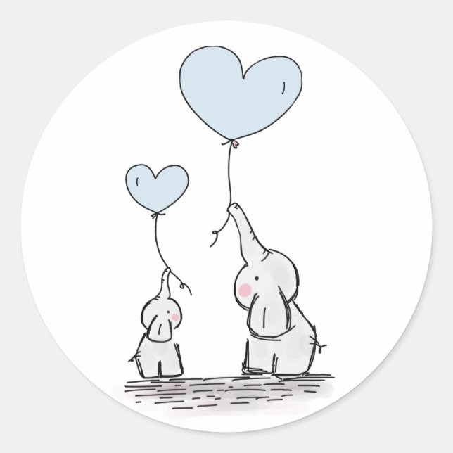 Sticker Rond Joli Eléphant Bleu Coeur Ballons Baby shower garço (Devant)