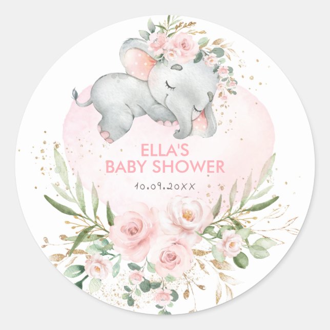 Sticker Rond Joli Eléphant Dormant Blush Floral Vert (Devant)