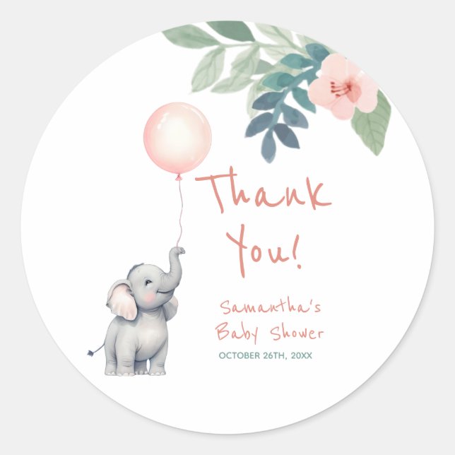 Sticker Rond Joli éléphant rose fille Baby shower Merci (Devant)