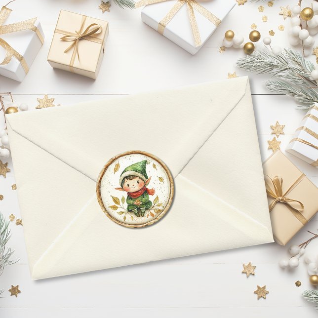 Sticker Rond Joli Elfe de Noël en Cire Fausse (Cute Christmas Elf Faux Wax Classic Round Sticker)