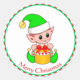 Sticker Rond Joli elfe de Noël et boîte cadeau
