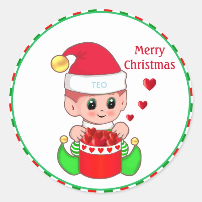 Sticker Rond Joli elfe de Noël et cœurs (Devant)