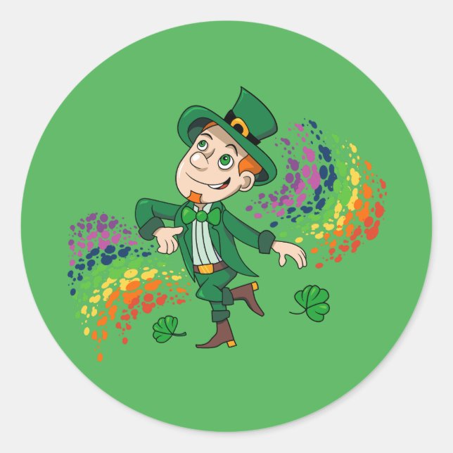 Sticker Rond Joli et souriant dancing leprechaun, un arc-en-cie (Devant)